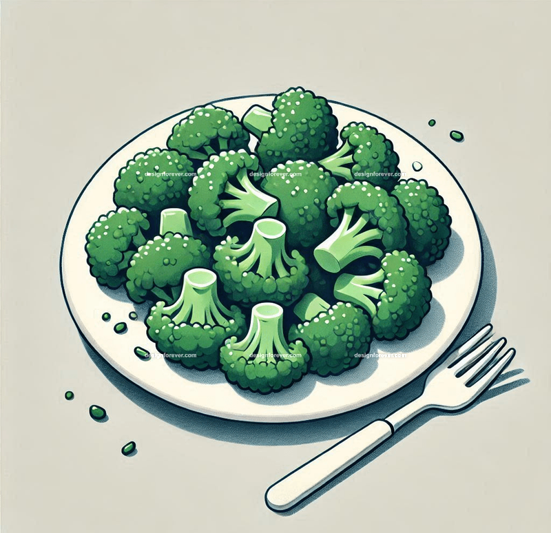cooked broccoli on plate in style of whimsical children's book