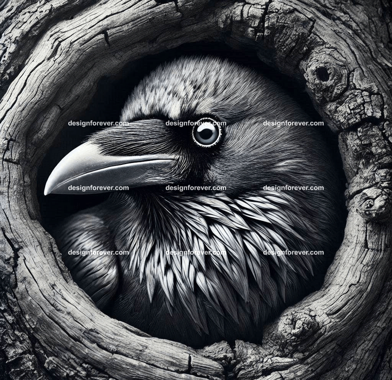 Raven living in tree hole