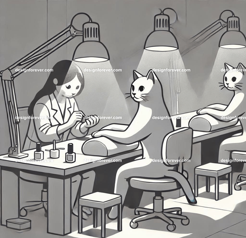 Anthropomorphs cats doing nails in nail salon for people