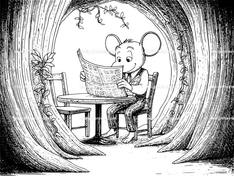 mr mouse at a cafe reading newsppaer