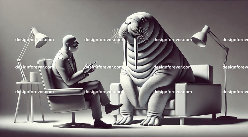 Anthropomorphs walruses as psychiatrist talking to patient on couch