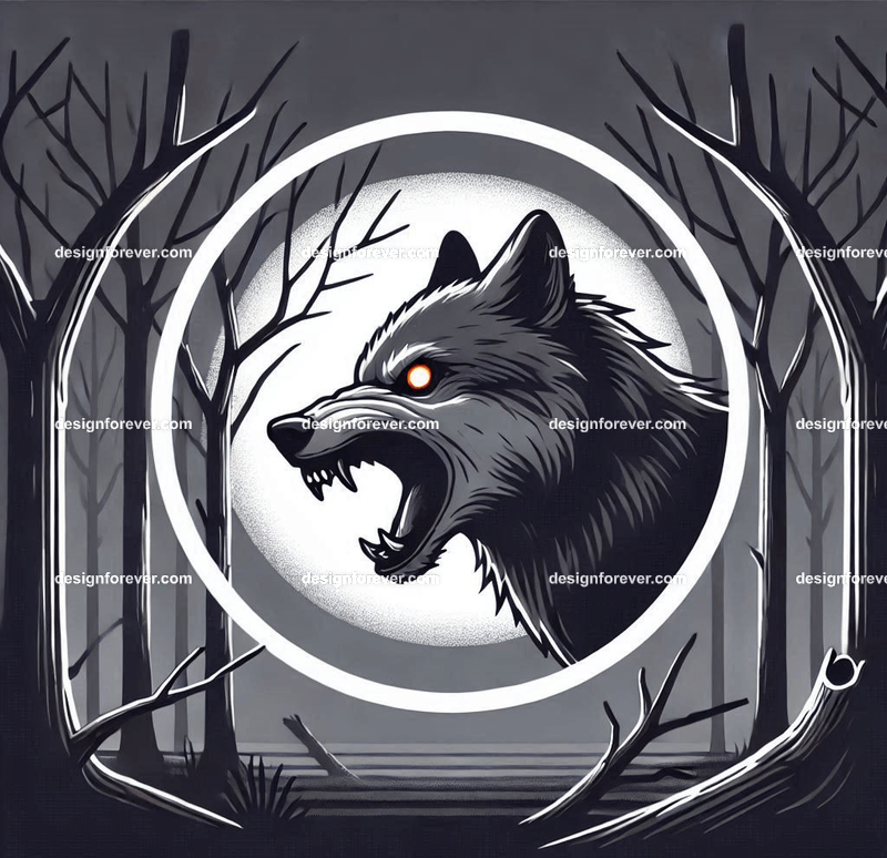 A wolf baring its teeth in a creepy forest with dead trees, barely visible except for its bright eye enclosed within perfect circle