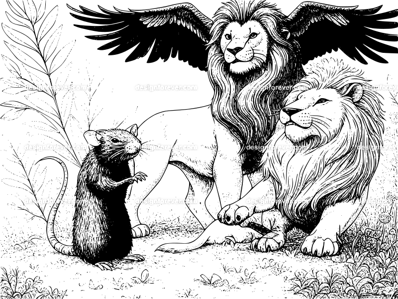 lion defending rat against vulture