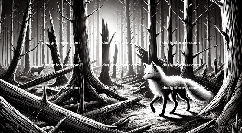 A fox navigating a creep black and white forest and dead trees