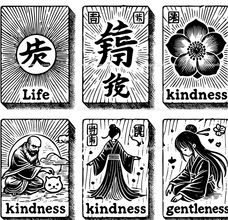 set of 5 chinese wood stamps with chinese words life, kindness, gentleness