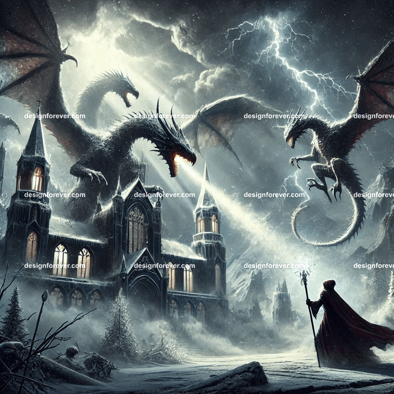 Storm dragons assaulting palace defended by mages in winter