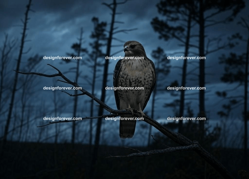 a hawk in creepy dark woods with dead trees
