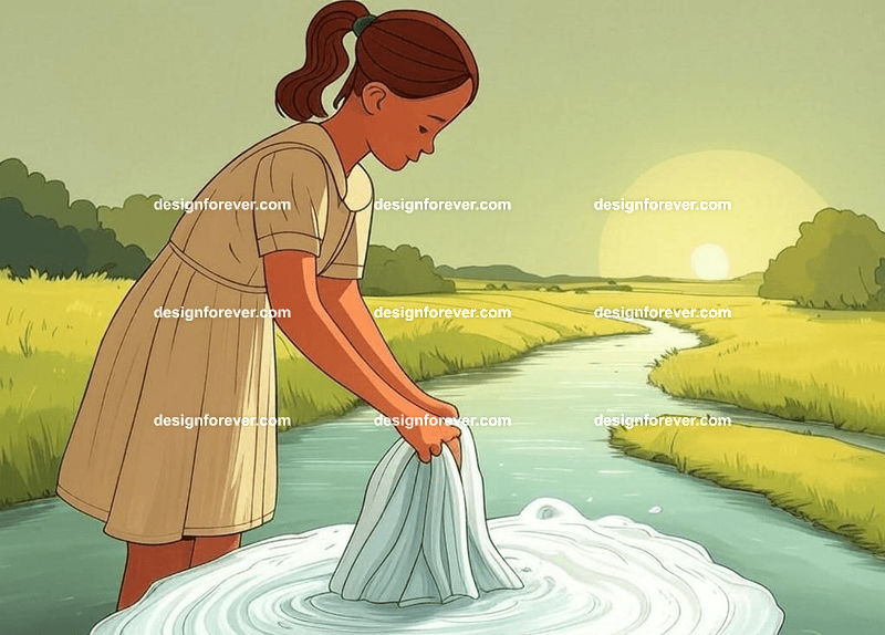 girl washing clothes in countryside