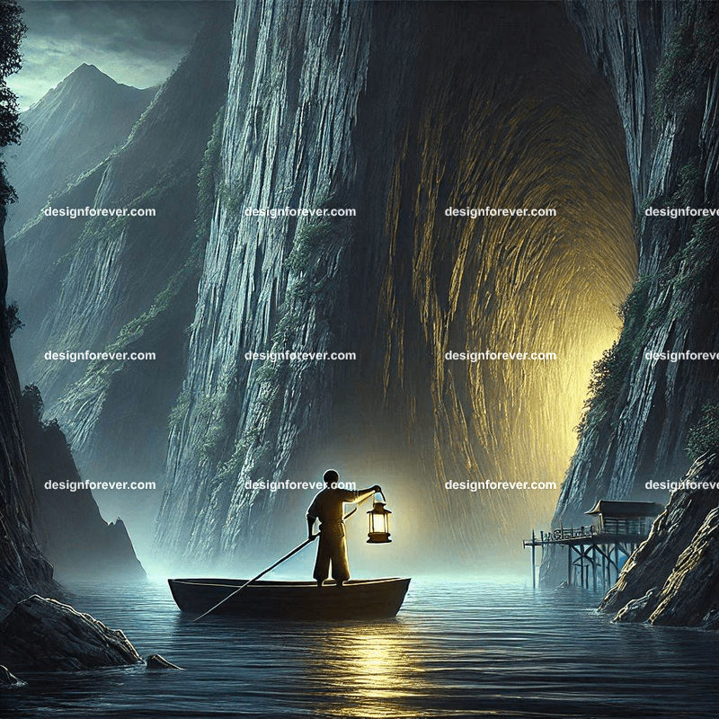 Lone fisherman with lantern on boat facing black cave on side of huge mountain