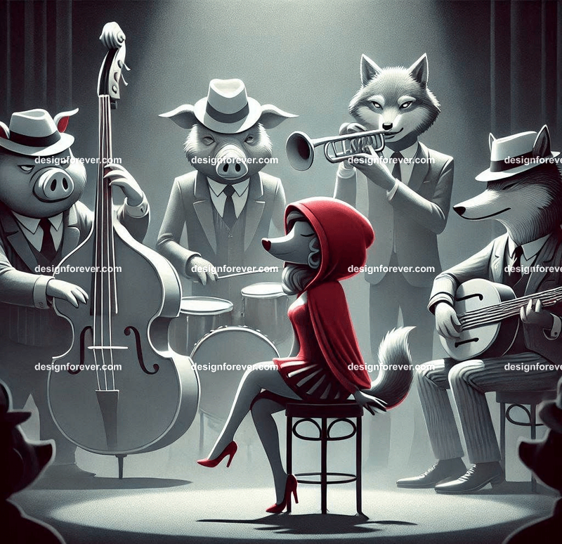 Anthropomorphs red riding hood and pigs and wolves as 1920s jazz musicians with suits, fedoras, and instruments in dark smoky room