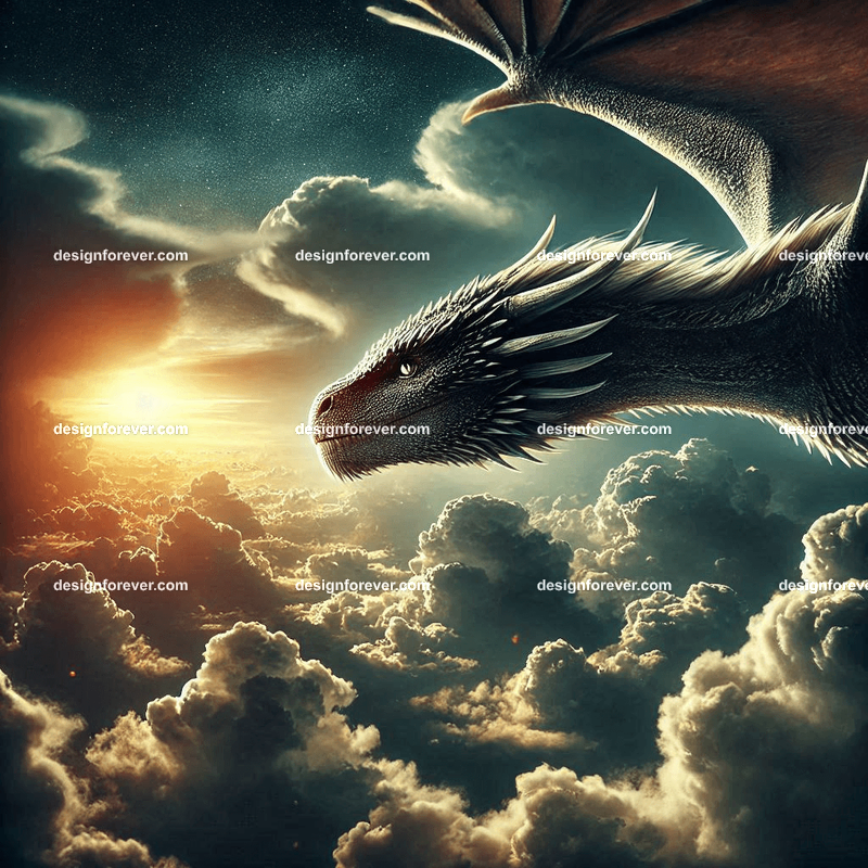 The flight of the dragons above majestic clouds and dark sky