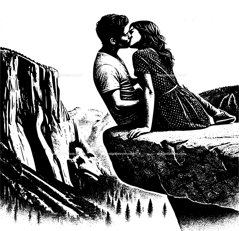 a young couple kissing on edge of yosemite rock