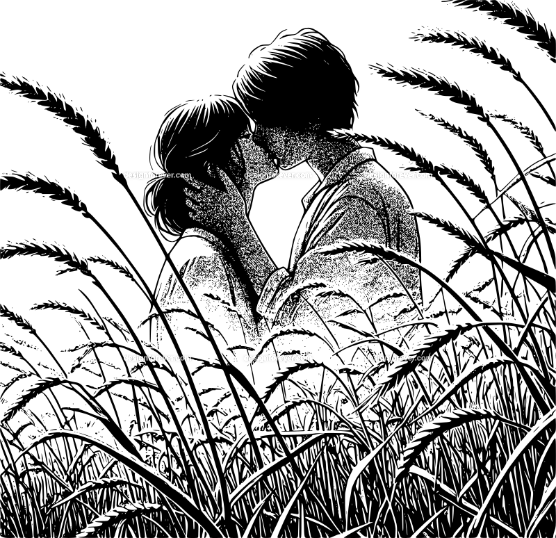 a young couple kissing hidden behind wild stalks of grass in field