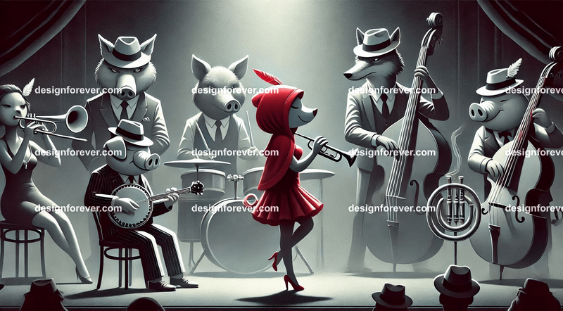 Anthropomorphs red riding hood and pigs and wolves as 1920s jazz musicians with suits, fedoras, and instruments in dark smoky room