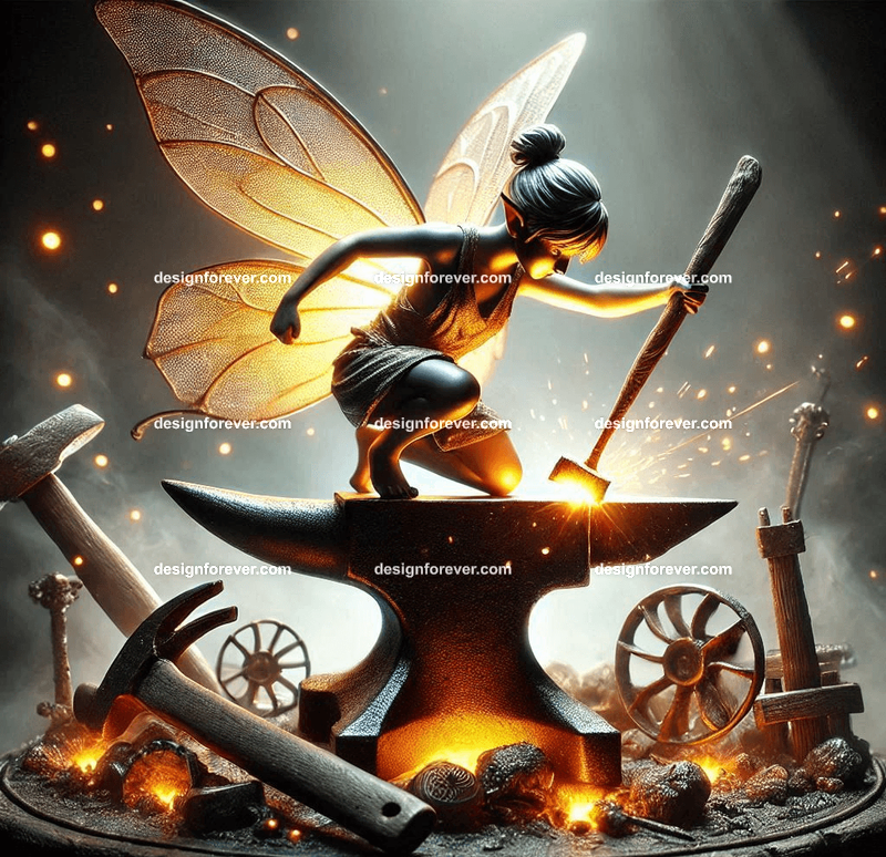 "A tiny fairy hammering glowing metal on a miniature forge, surrounded by enchanted tools and glowing embers