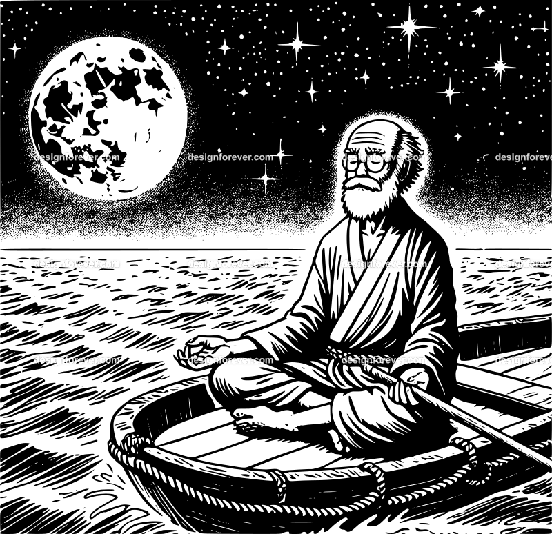 Night scene of plain looking old man meditating on boat