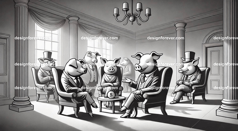 Personified pigs debating politics in a lavish setting