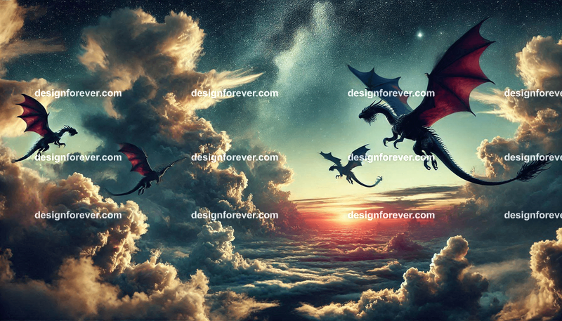 The flight of the dragons above majestic clouds and twilight sky stars