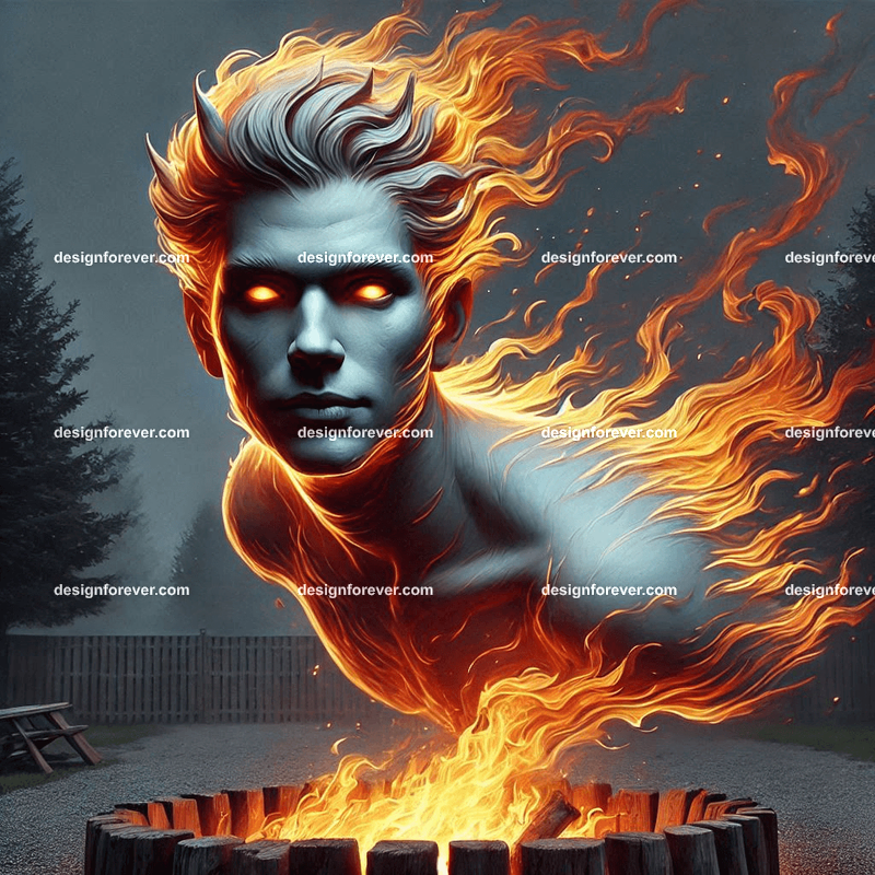 fire demon hiding in firepit in the yard