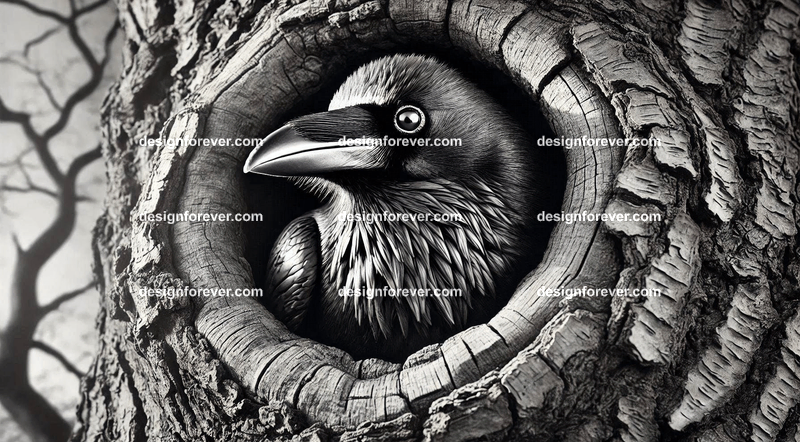 Raven living in tree hole