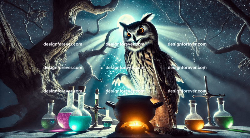 A raven with a star glowing in its beak, flying through a twilight sky over a mystical forest