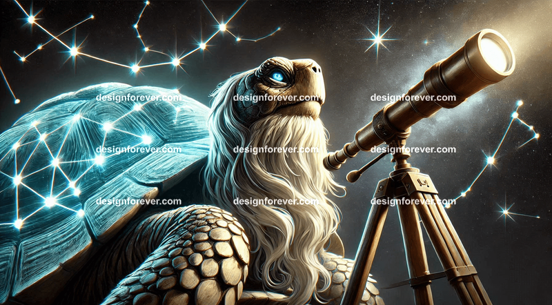 A wise old turtle with a constellation map glowing on its shell, observing the stars through a magical telescope