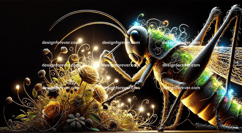 A grasshopper designing intricate, glowing structures made of vines and flowers for woodland creatures