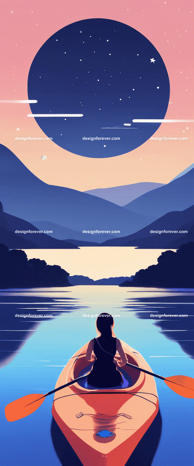 young woman on kayak on calm lake deep dark blue evening sky with stars