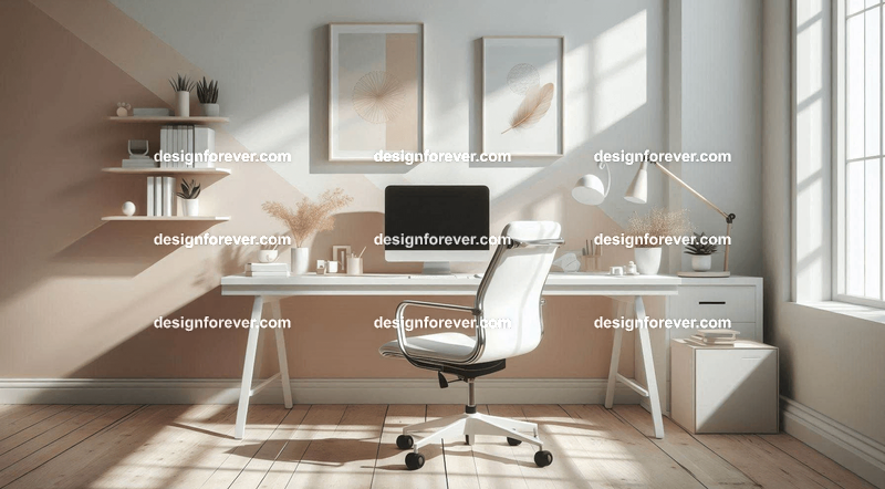 A bright, airy workspace with a white desk, an ergonomic chair, and a background featuring soft pastel tones and simple decor
