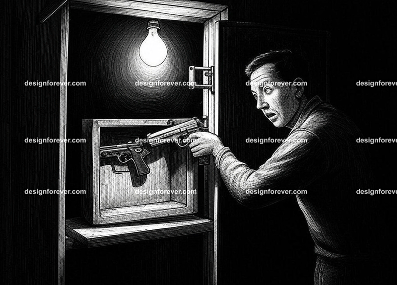 man finds a gun in safe inside his neighbor's shed with harsh light by overhead bulb in complete darkness