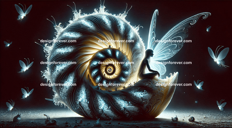 A community of fairies living inside a giant, spiraling snail shell, its surface glowing with bioluminescent patterns