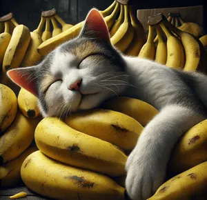 a cat sleeping a pile of bananas