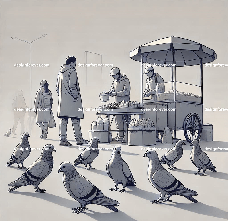 Anthropomorphs pigeons as street vendors