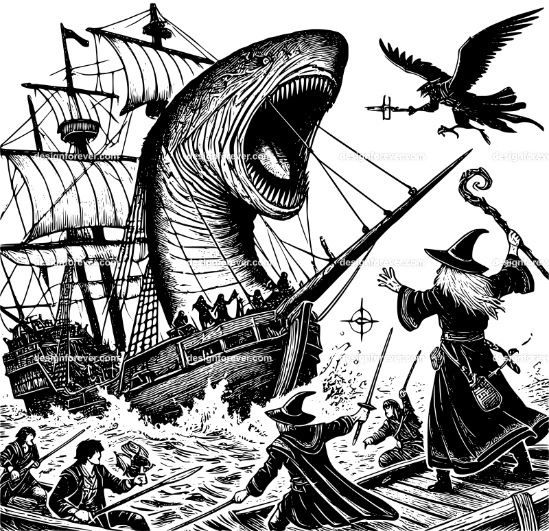 a leviathan attacking ship of adventurers and wizard with staff fighting back