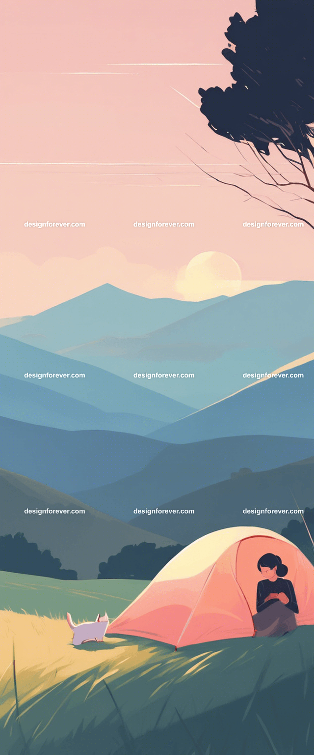 young woman sleeping outside in sleeping bag and tent under night evening sky