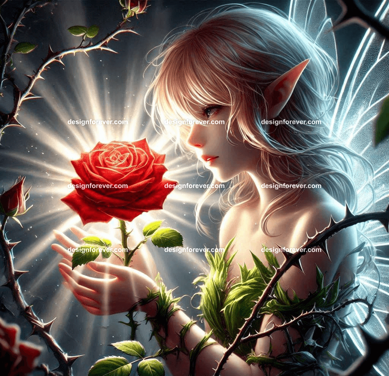 A fairy guarding a glowing, enchanted rose protected by a barrier of thorny vines