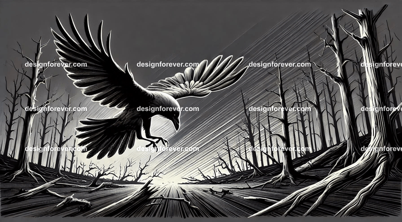 crow flying down towards its prey on ground in dark forest with dead trees