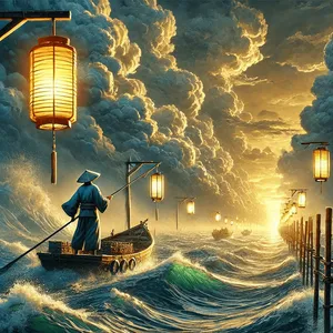 Long fisherman with lantern on boat