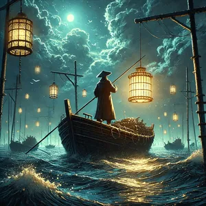Long fisherman with lantern on boat
