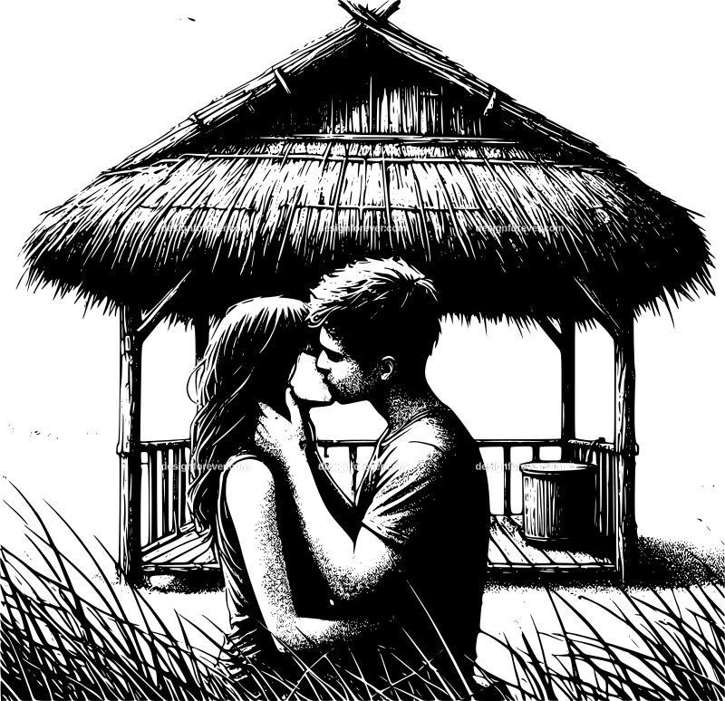 a young couple kissing in deserted hut