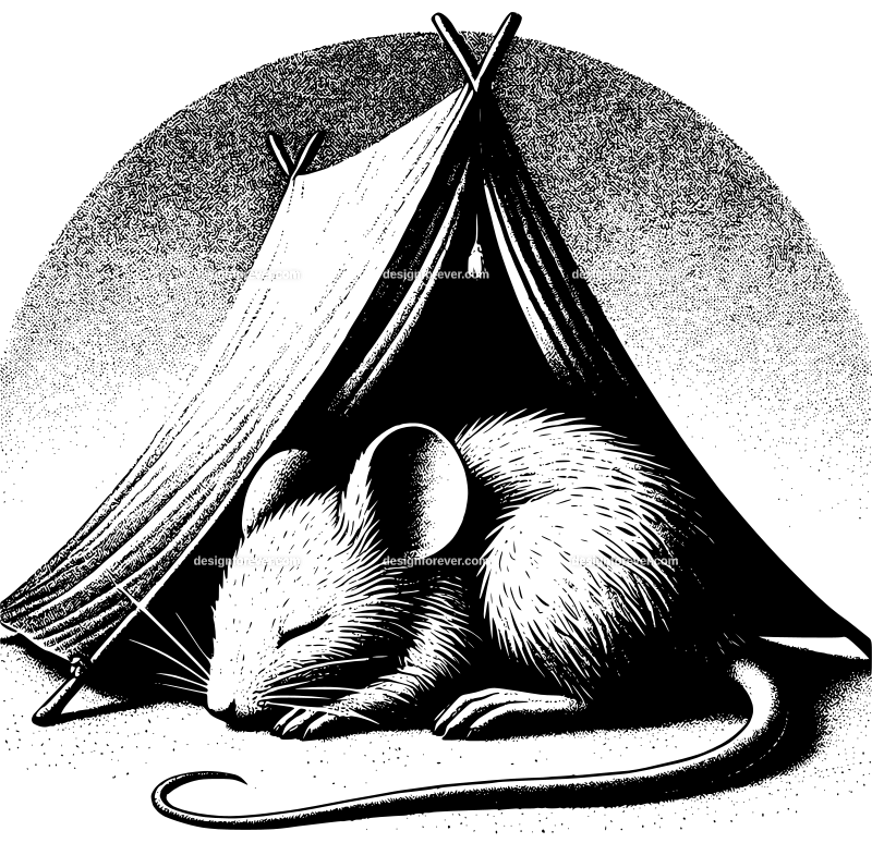 anthromorphic mouse sleeping under tent