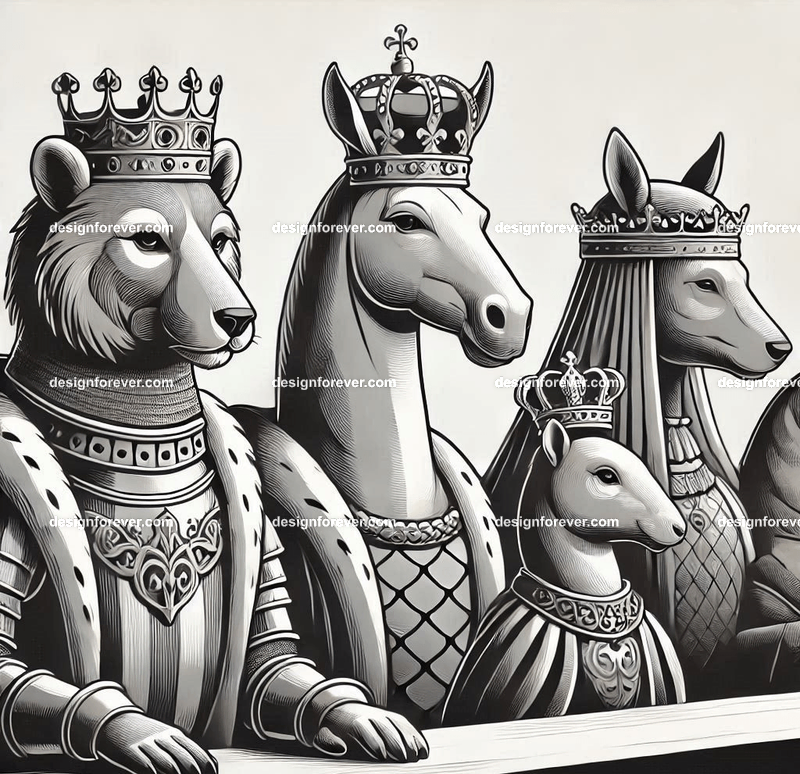 Animals depicted as kings, queens, or nobility, wearing intricate medieval or regal attire