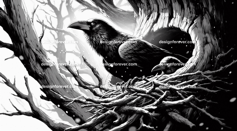 Raven living in tree hole