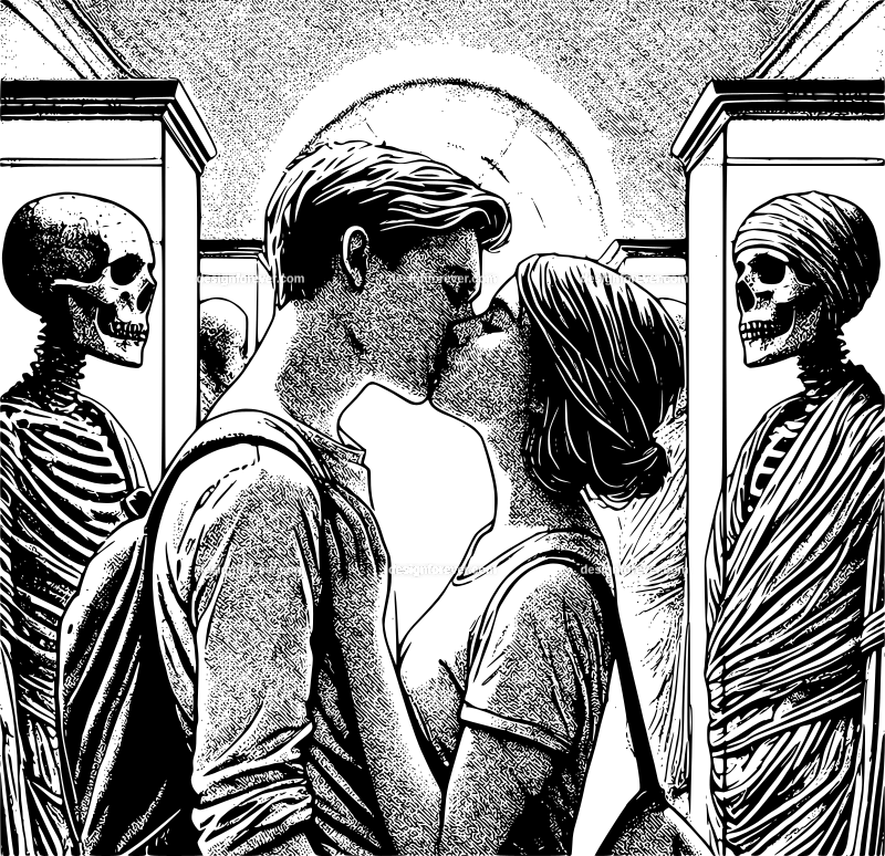 a young couple kissing in museum of mummies