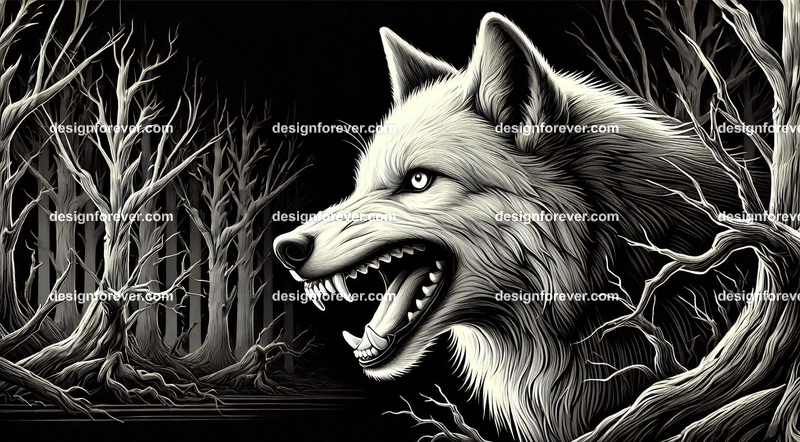 a wolf baring its teeth at you in creepy forest with dead trees
