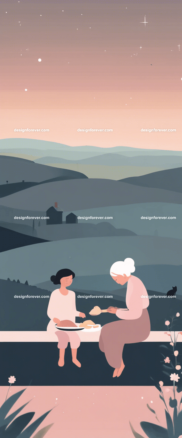 grandmother with child cooking in kitchen evening time with dark sky