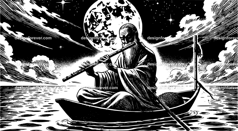 night scene wuxia playing flute on boat