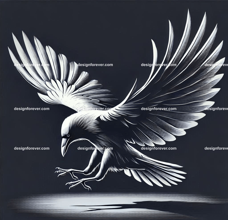 crow flying down towards its prey on ground