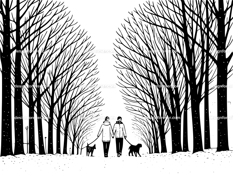 couple walking dog in winter