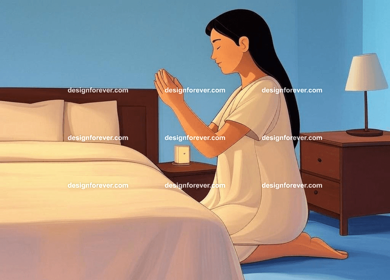 woman praying next to bed